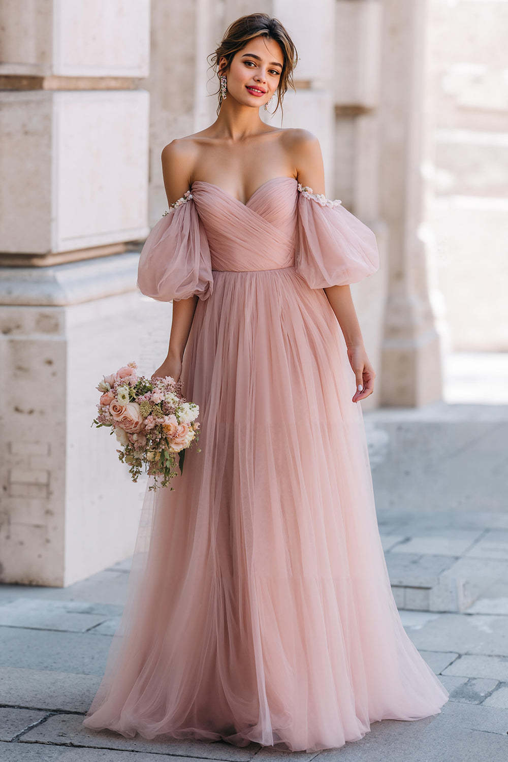 Leely Women Dusty Rose Long Tulle A-Line Bridesmaid Dress Off the Shoulder Short Sleeves Wedding Guest Dress