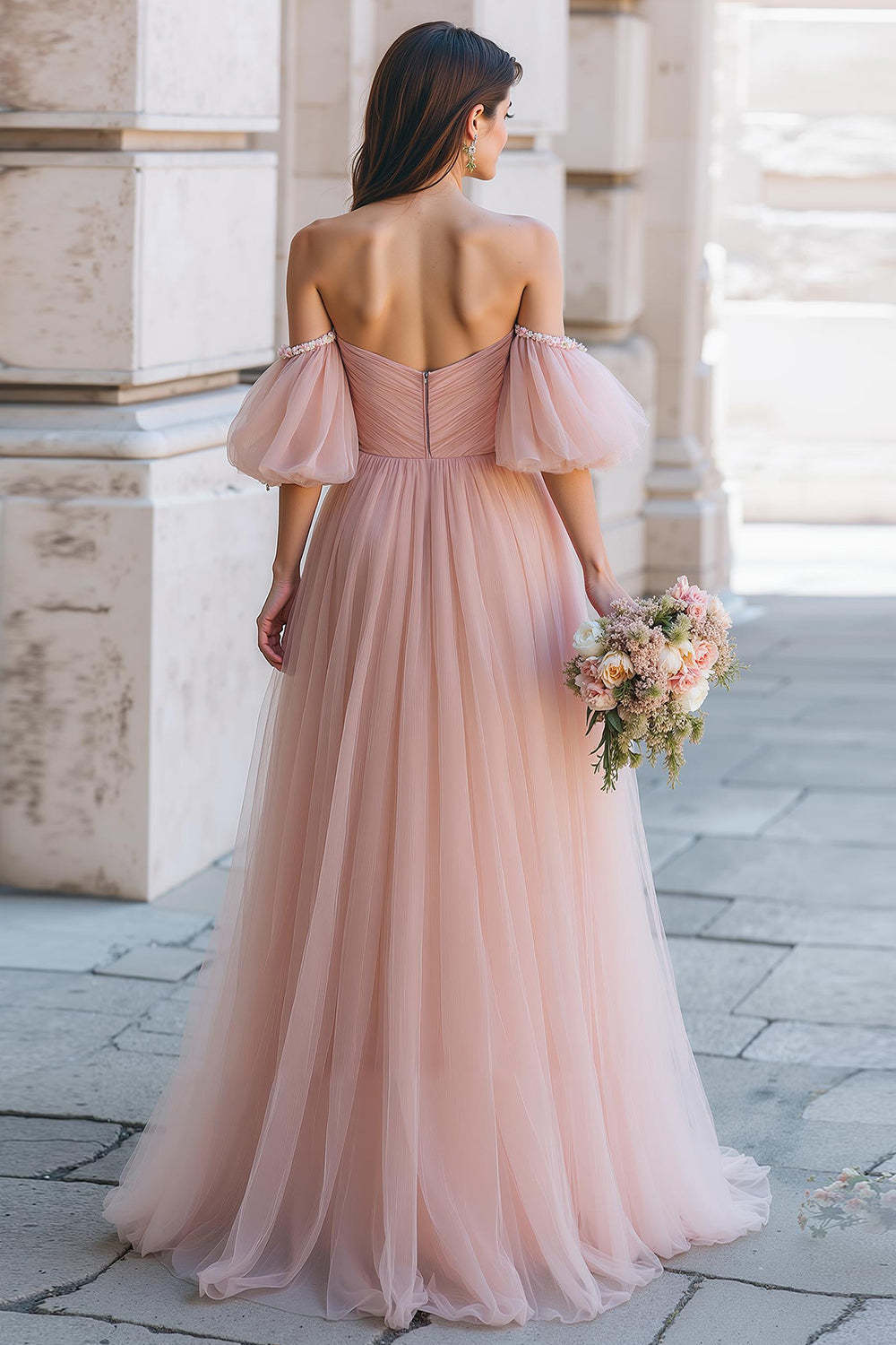 Dusty Rose Off the Shoulder Tulle Long A-Line Bridesmaid Dress with Sleeves