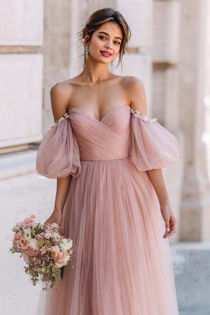 Dusty Rose Off the Shoulder Tulle Long A-Line Bridesmaid Dress with Sleeves