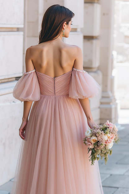 Dusty Rose Off the Shoulder Tulle Long A-Line Bridesmaid Dress with Sleeves