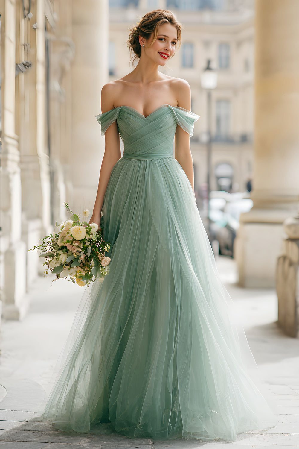 Eucalyptus Green Tulle Off the Shoulder A-Line Long Bridesmaid Dress