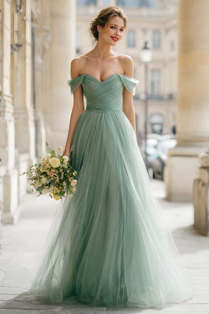 Leely Women Eucalyptus Green Long Tulle Bridesmaid Dress Off the Shoulder A-Line Wedding Guest Dress