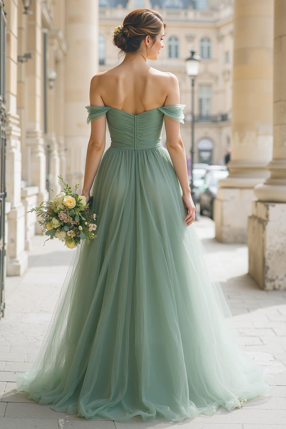 Eucalyptus Green Tulle Off the Shoulder A-Line Long Bridesmaid Dress