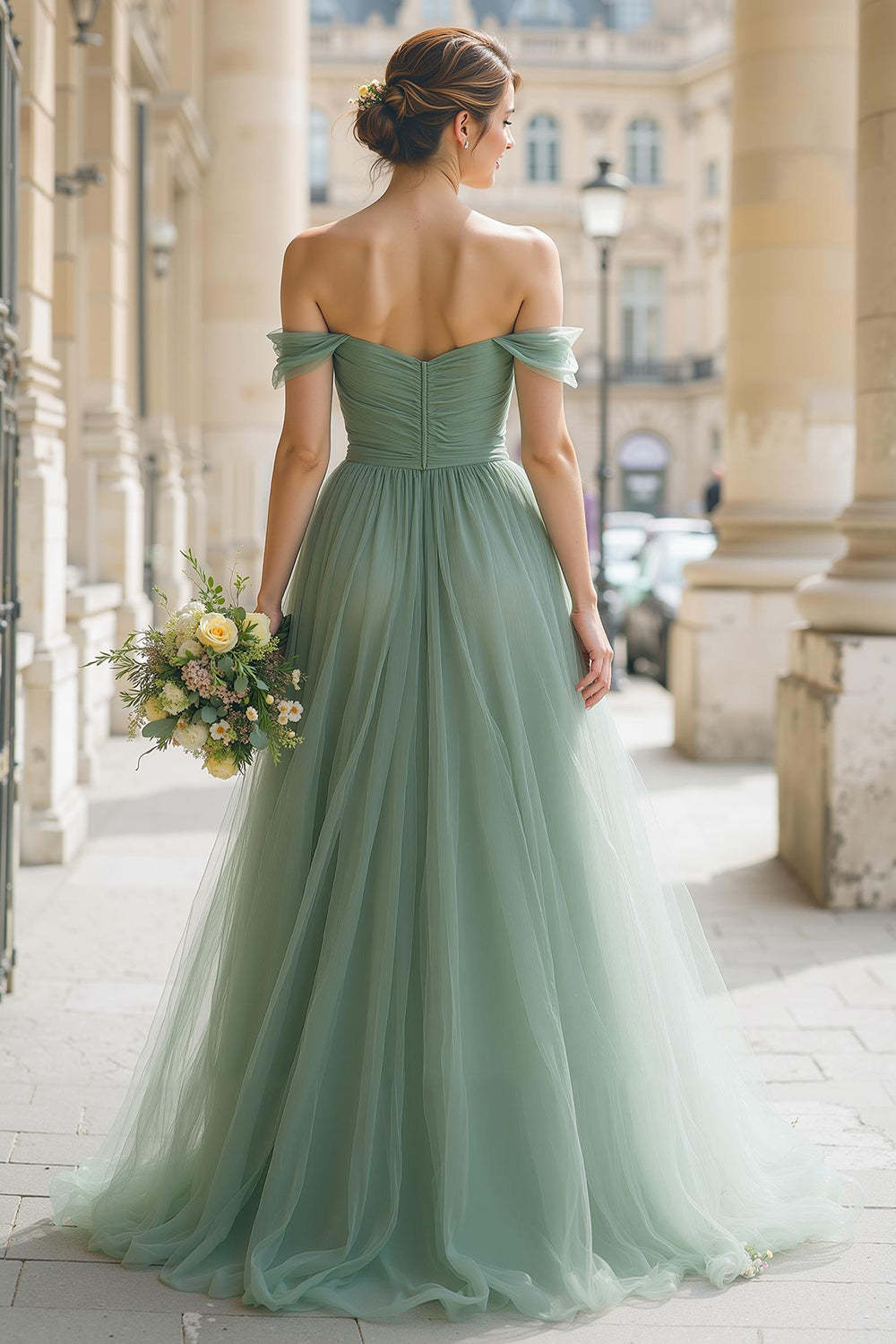 Eucalyptus Green Tulle Off the Shoulder A-Line Long Bridesmaid Dress