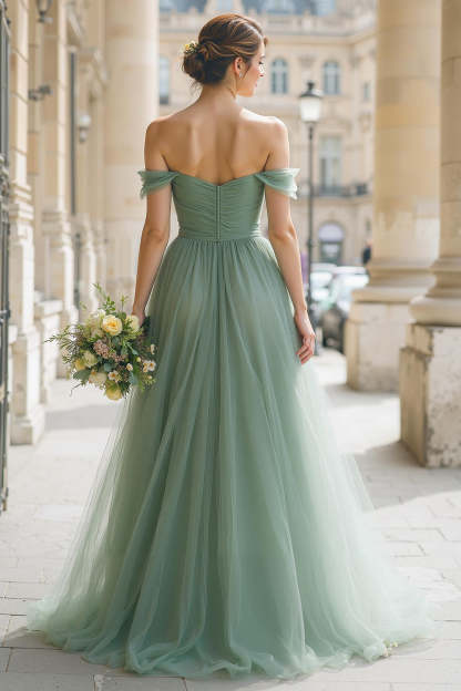 Eucalyptus Green Tulle Off the Shoulder A-Line Long Bridesmaid Dress