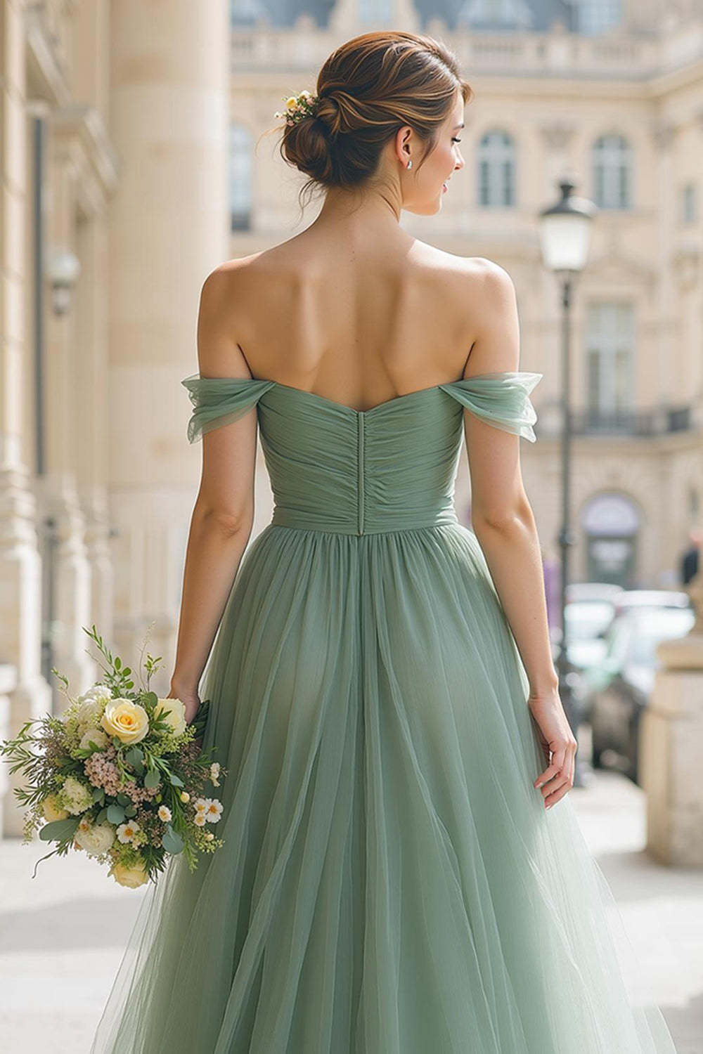 Eucalyptus Green Tulle Off the Shoulder A-Line Long Bridesmaid Dress