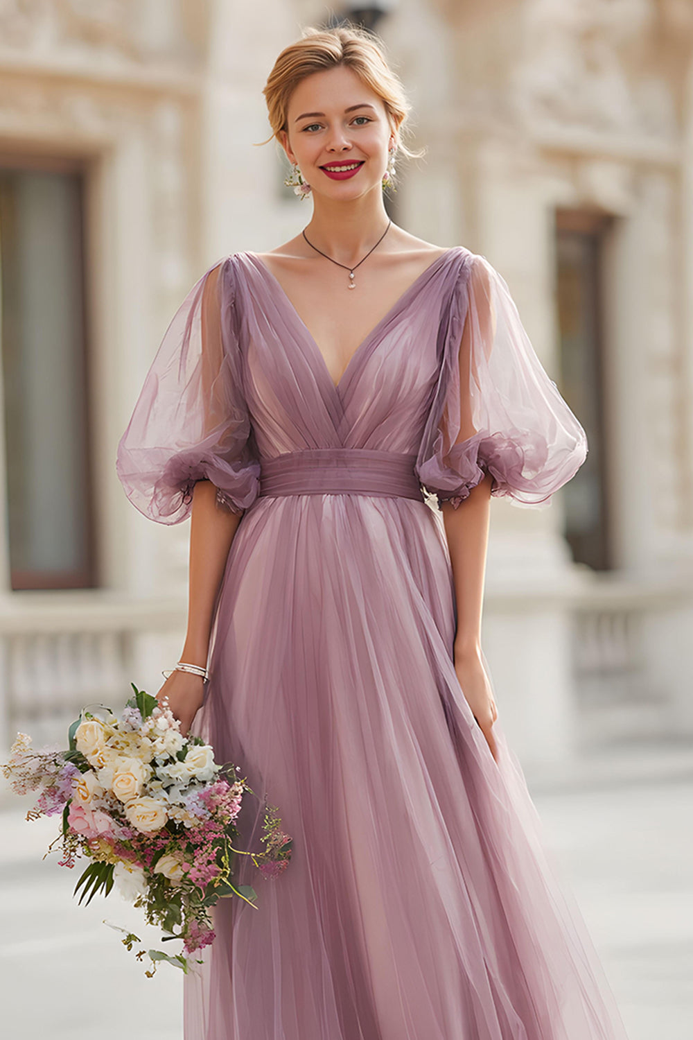 Vintage Mauve A-Line Tulle V-Neck Long Bridesmaid Dress with Sleeves