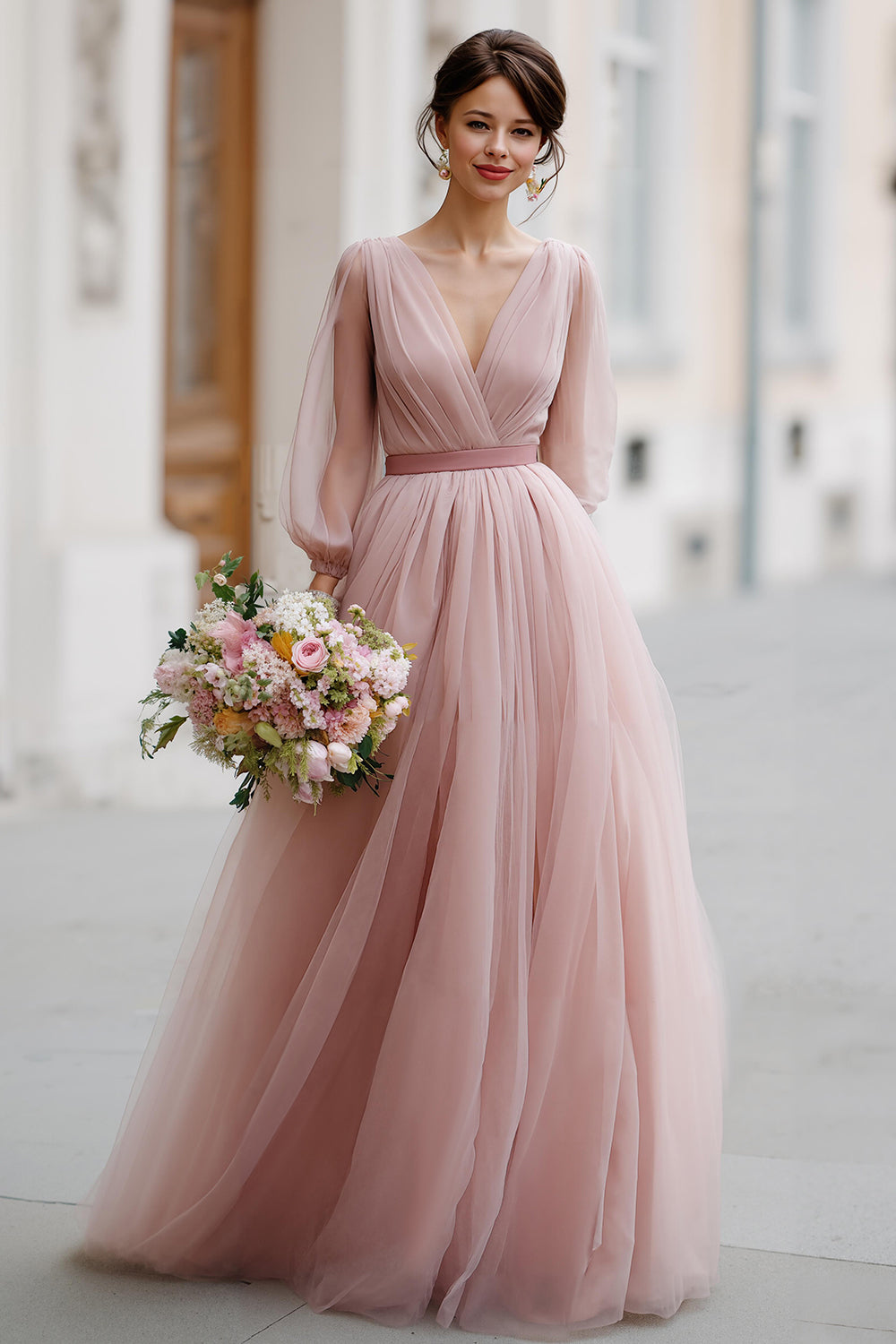 Dusty Rose Tulle V-Neck A-Line Maxi Bridesmaid Dress with Sleeves