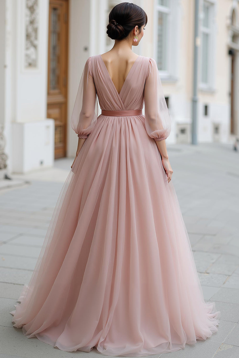 Dusty Rose Tulle V-Neck A-Line Maxi Bridesmaid Dress with Sleeves