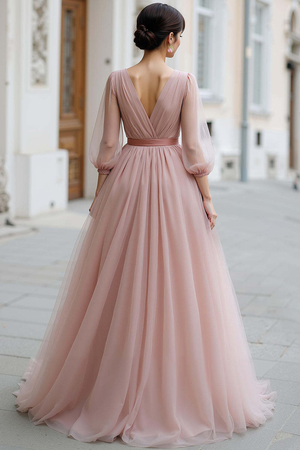 Dusty Rose Tulle V-Neck A-Line Maxi Bridesmaid Dress with Sleeves
