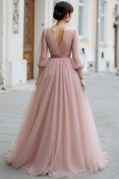 Dusty Rose Tulle V-Neck A-Line Maxi Bridesmaid Dress with Sleeves