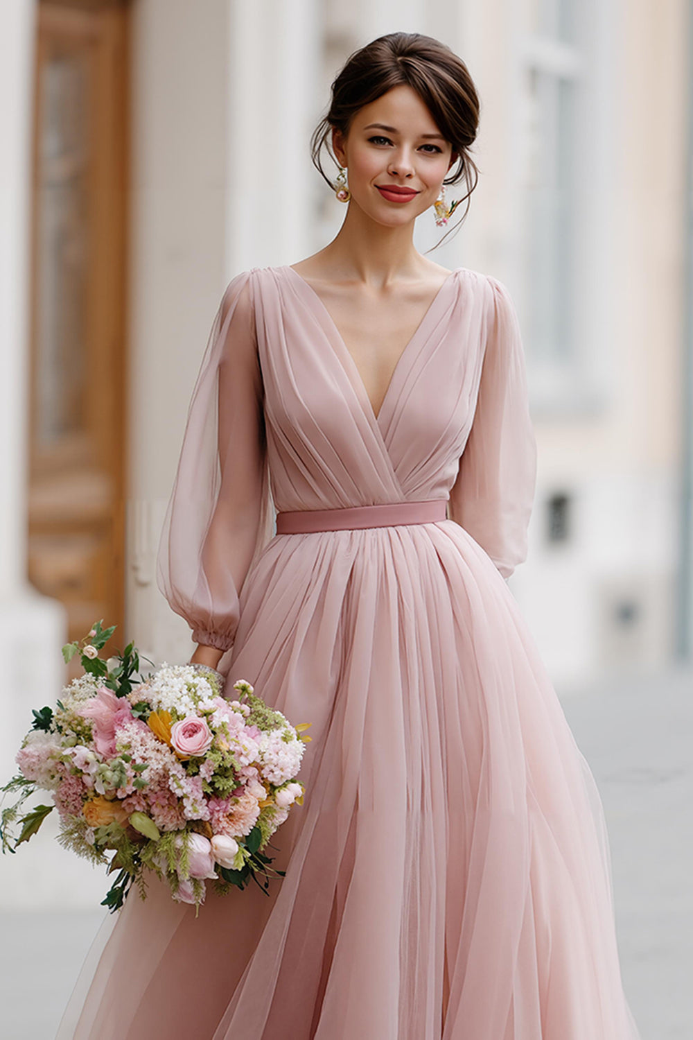 Dusty Rose Tulle V-Neck A-Line Maxi Bridesmaid Dress with Sleeves