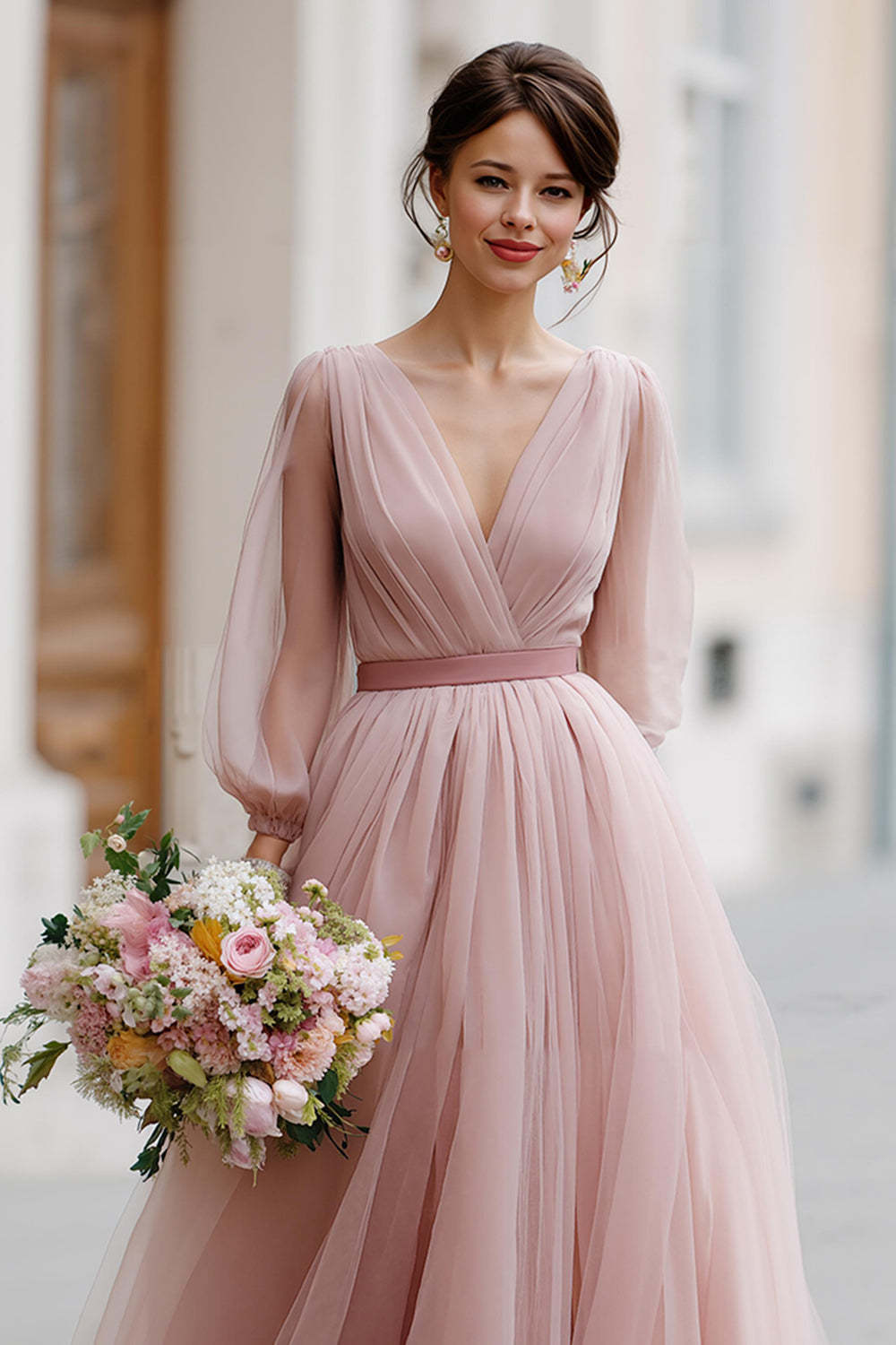 Dusty Rose Tulle V-Neck A-Line Maxi Bridesmaid Dress with Sleeves