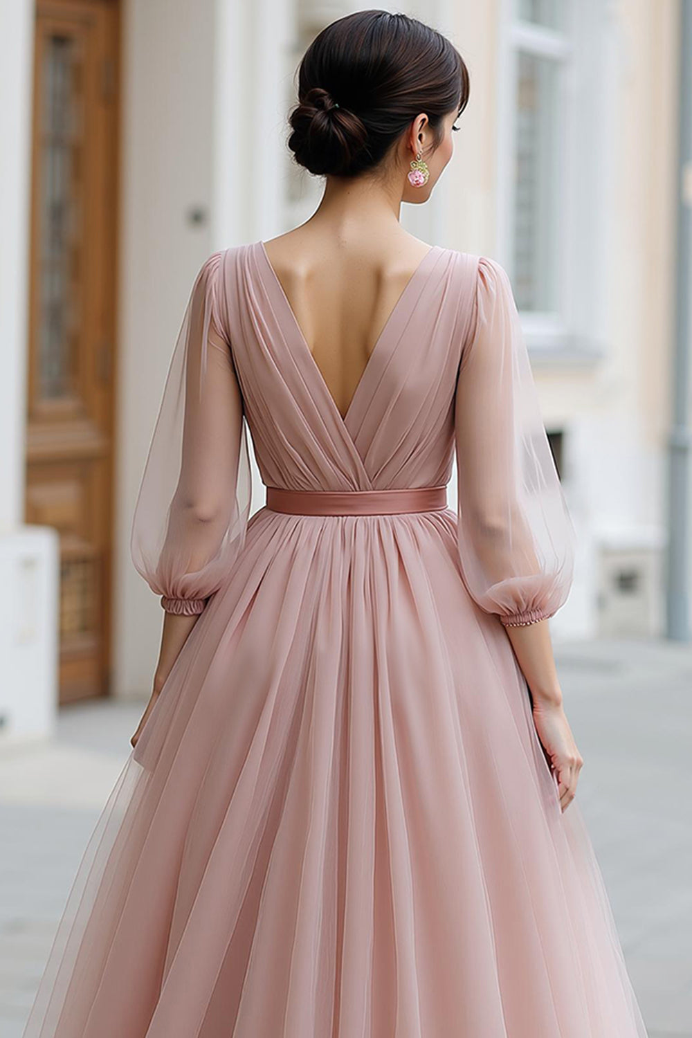 Dusty Rose Tulle V-Neck A-Line Maxi Bridesmaid Dress with Sleeves