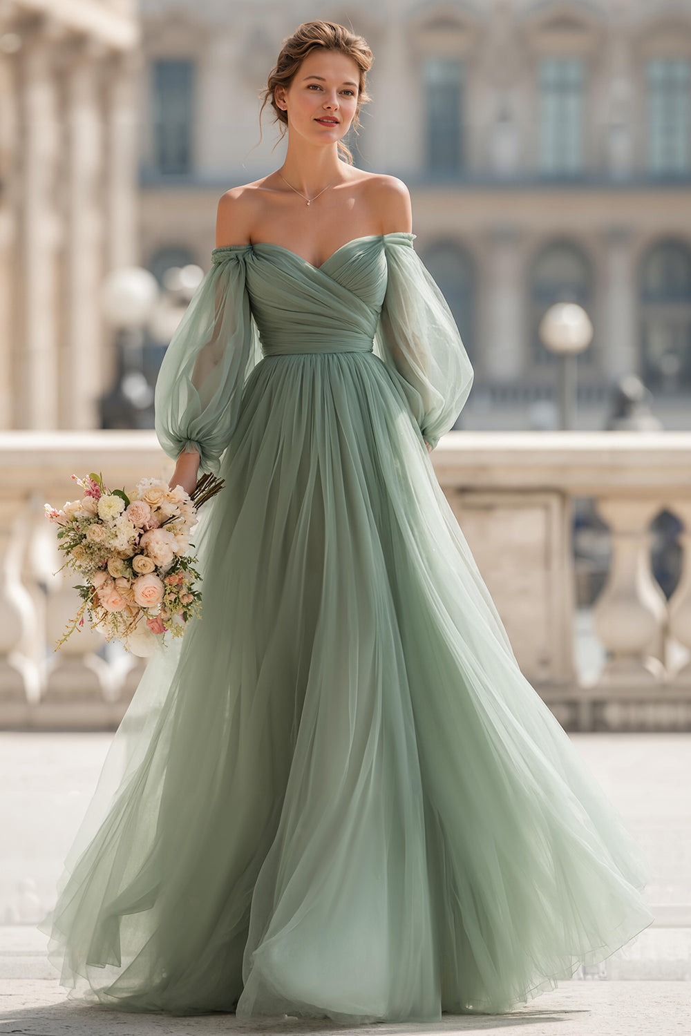Eucalyptus Green Off the Shoulder A-Line Tulle Maxi Bridesmaid Dress with Sleeves