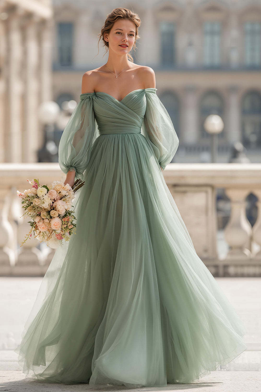 Leely Women Eucalyptus Green A-Line Tulle Maxi Bridesmaid Dress Off the Shoulder Long Sleeves Wedding Guest Dress