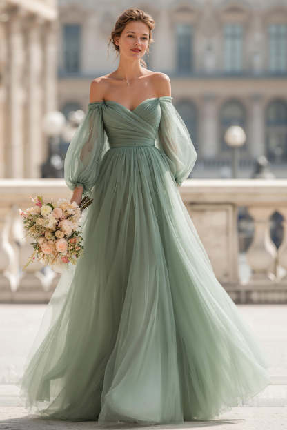 Leely Women Eucalyptus Green A-Line Tulle Maxi Bridesmaid Dress Off the Shoulder Long Sleeves Wedding Guest Dress