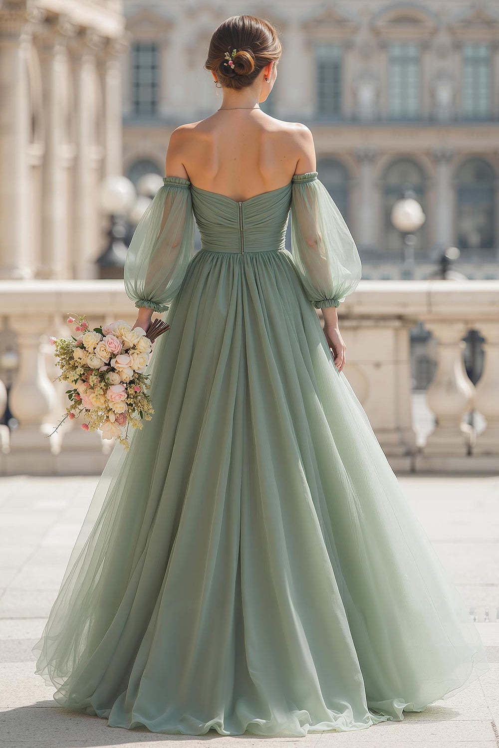 Eucalyptus Green Off the Shoulder A-Line Tulle Maxi Bridesmaid Dress with Sleeves