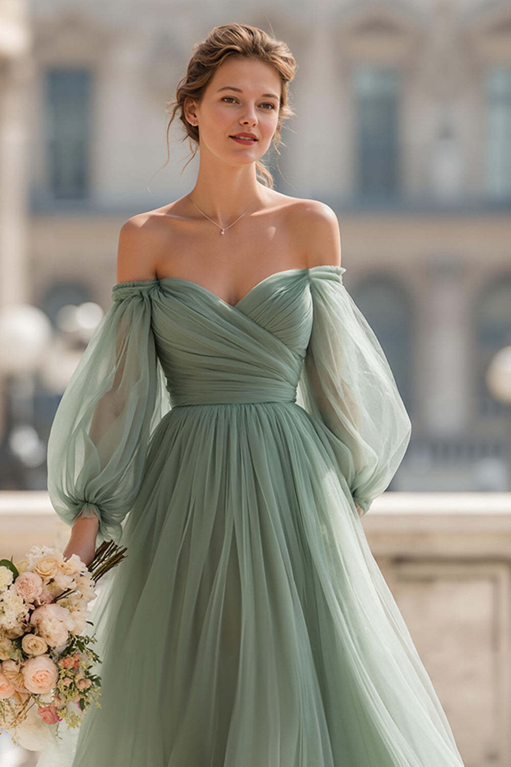 Eucalyptus Green Off the Shoulder A-Line Tulle Maxi Bridesmaid Dress with Sleeves