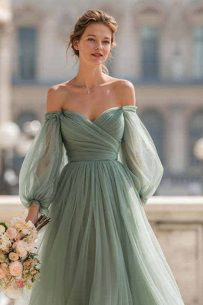 Eucalyptus Green Off the Shoulder A-Line Tulle Maxi Bridesmaid Dress with Sleeves