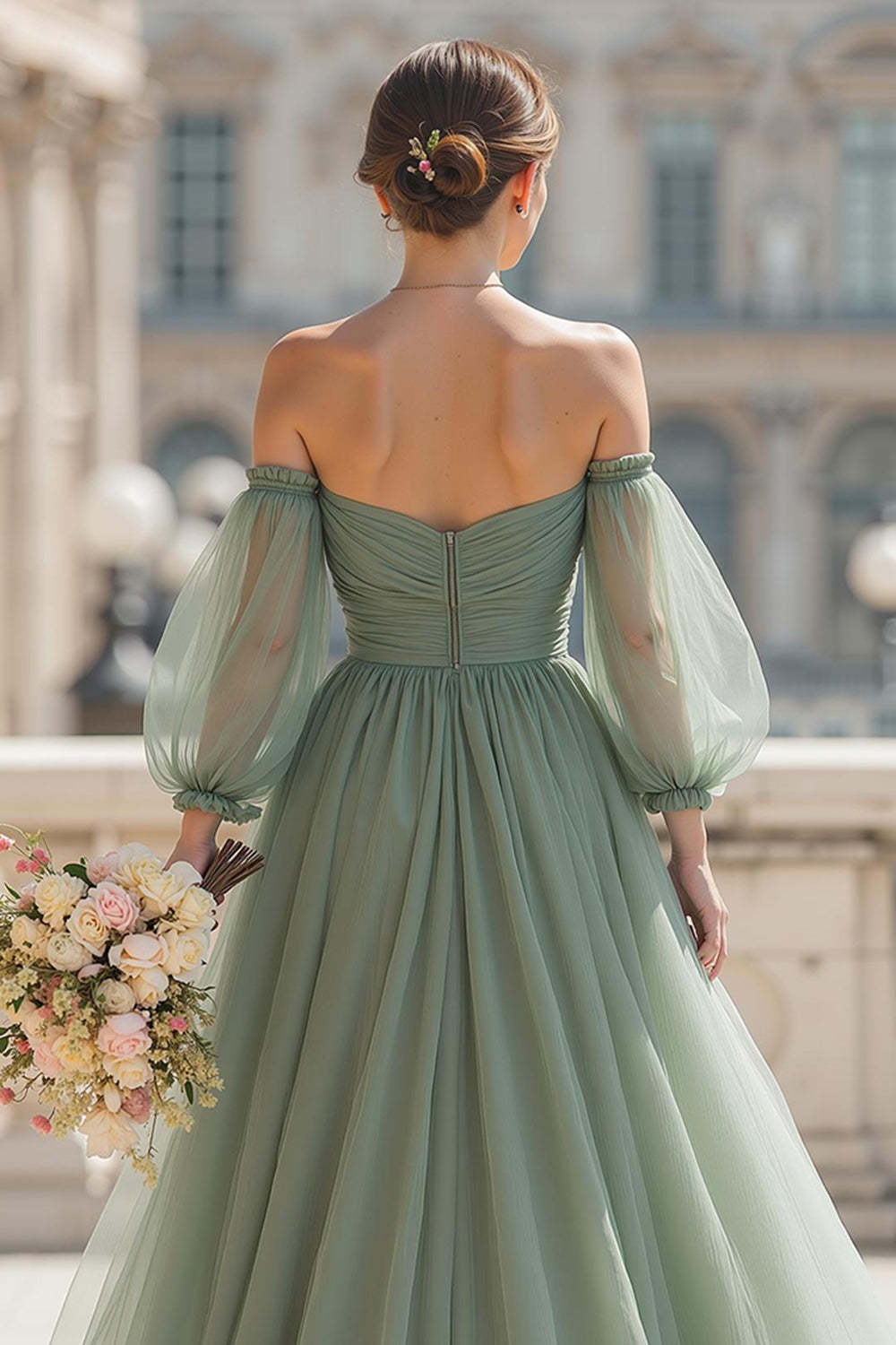 Eucalyptus Green Off the Shoulder A-Line Tulle Maxi Bridesmaid Dress with Sleeves