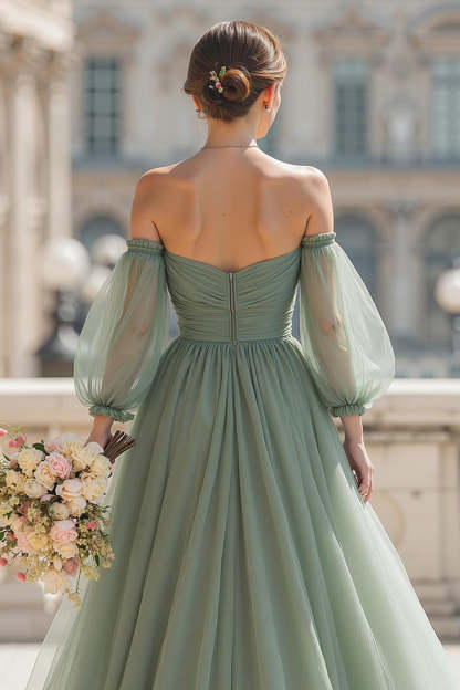 Eucalyptus Green Off the Shoulder A-Line Tulle Maxi Bridesmaid Dress with Sleeves