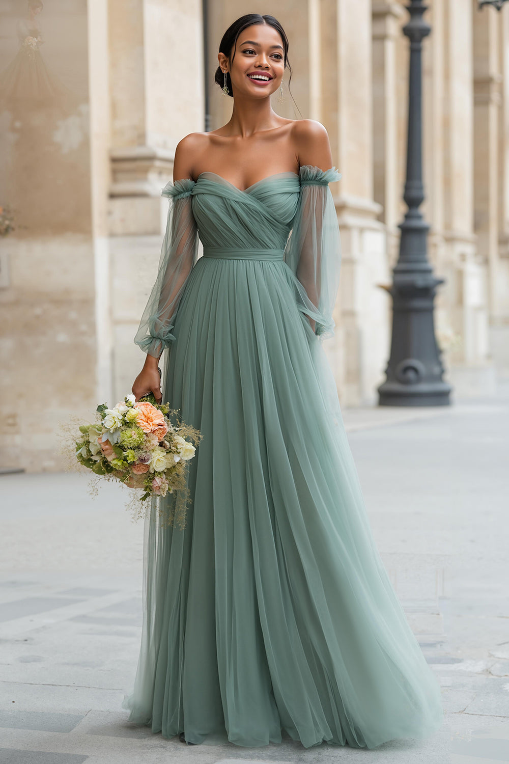 Eucalyptus Tulle Off the Shoulder A-Line Long Bridesmaid Dress with Sleeves