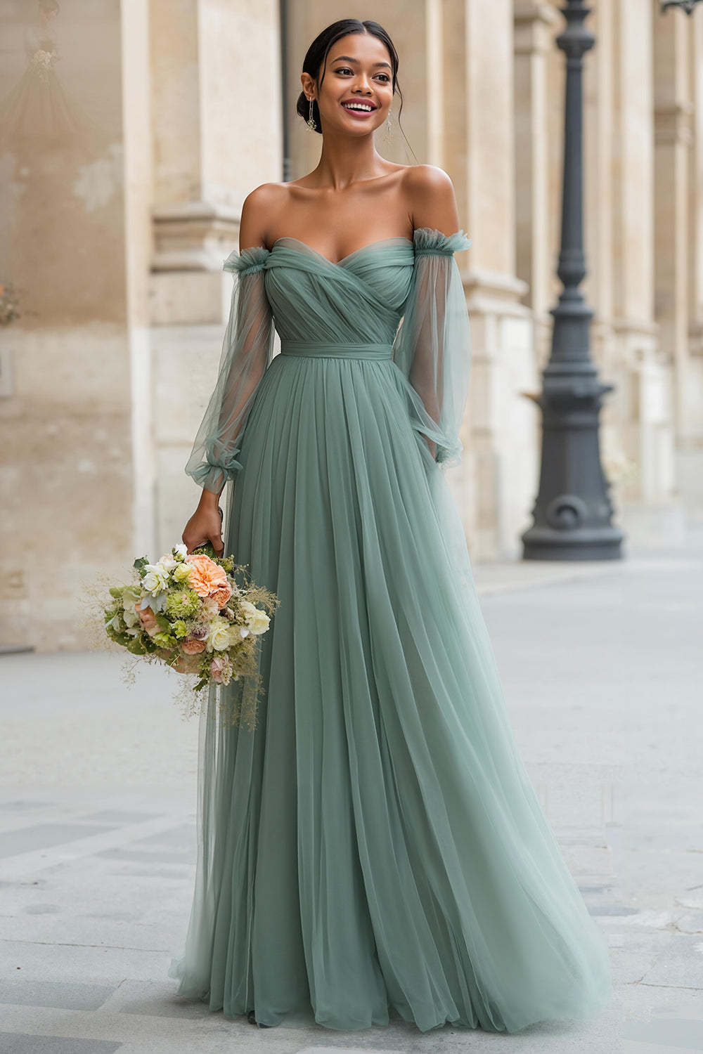 Leely Women Eucalyptus Green Tulle A-Line Long Bridesmaid Dress Long Sleeves Off the Shoulder Wedding Guest Dress