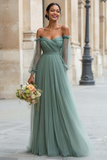 Leely Women Eucalyptus Green Tulle A-Line Long Bridesmaid Dress Long Sleeves Off the Shoulder Wedding Guest Dress