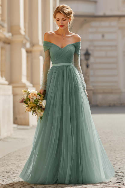 Leely Women Eucalyptus Green A-Line Tulle Maxi Bridesmaid Dress Off the Shoulder Long Sleeves Wedding Guest Dress