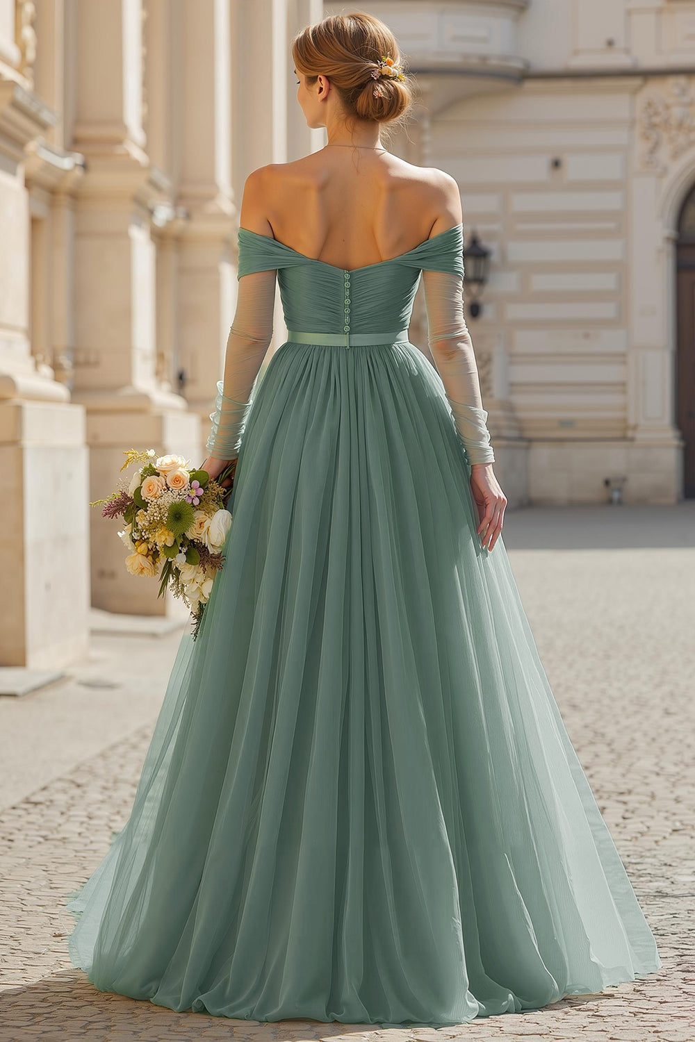 Eucalyptus Tulle Off the Shoulder A-Line Maxi Bridesmaid Dress