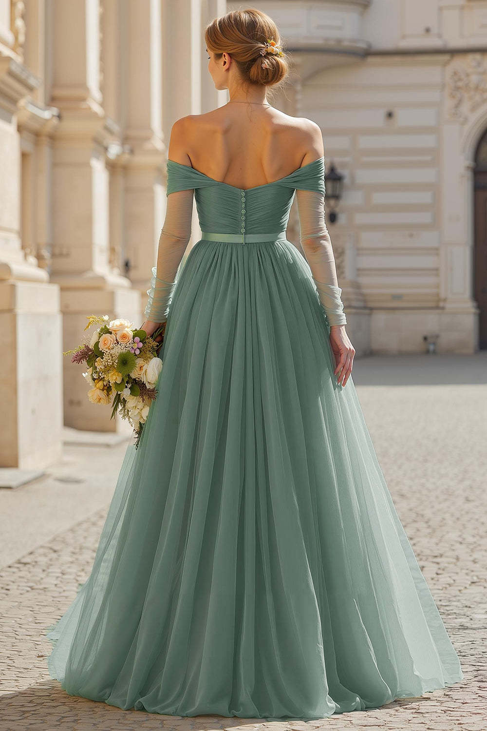Eucalyptus Tulle Off the Shoulder A-Line Maxi Bridesmaid Dress