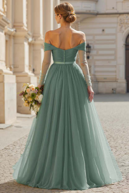 Eucalyptus Tulle Off the Shoulder A-Line Maxi Bridesmaid Dress
