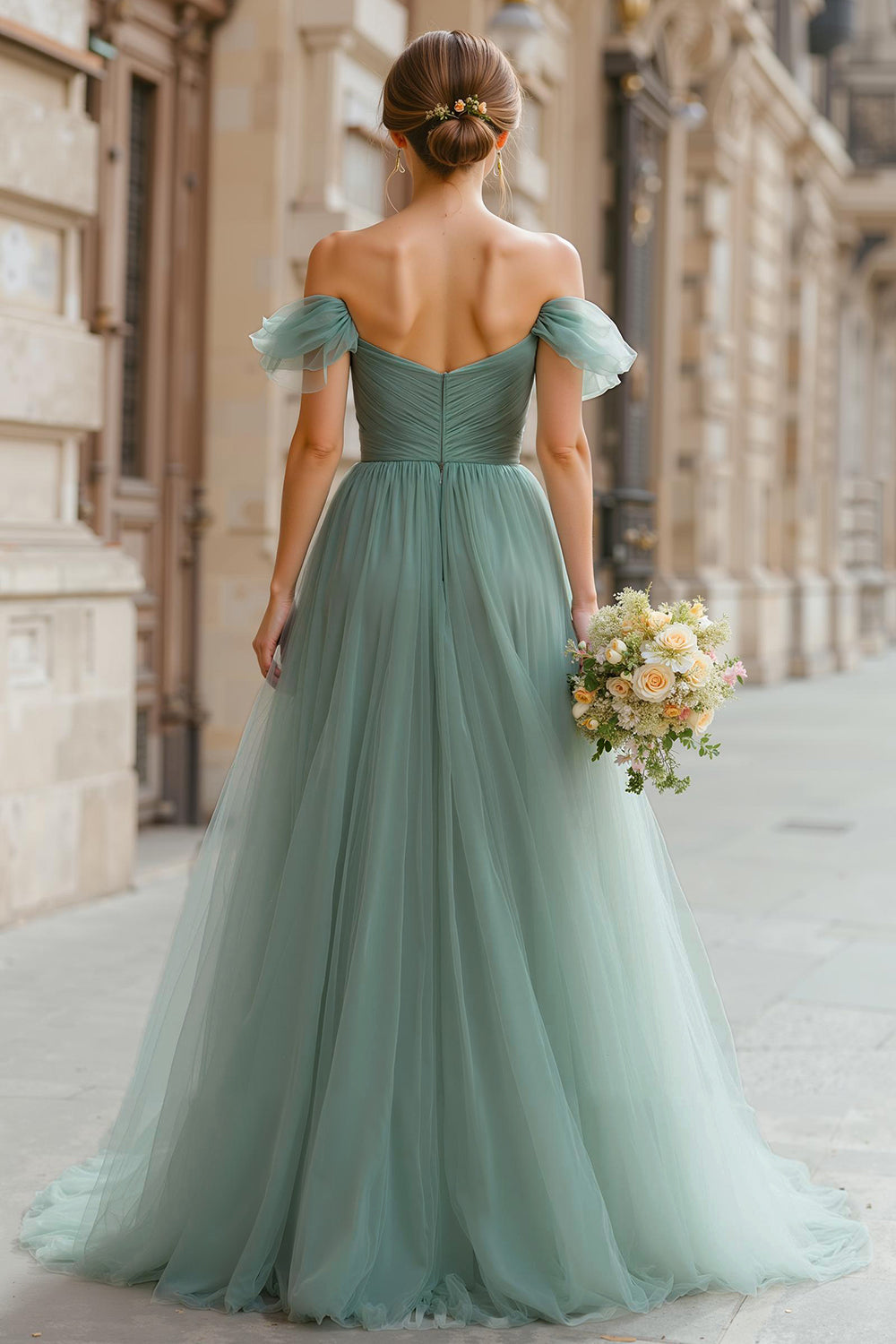 Eucalyptus Green A-Line Tulle Off the Shoulder Maxi Bridesmaid Dress
