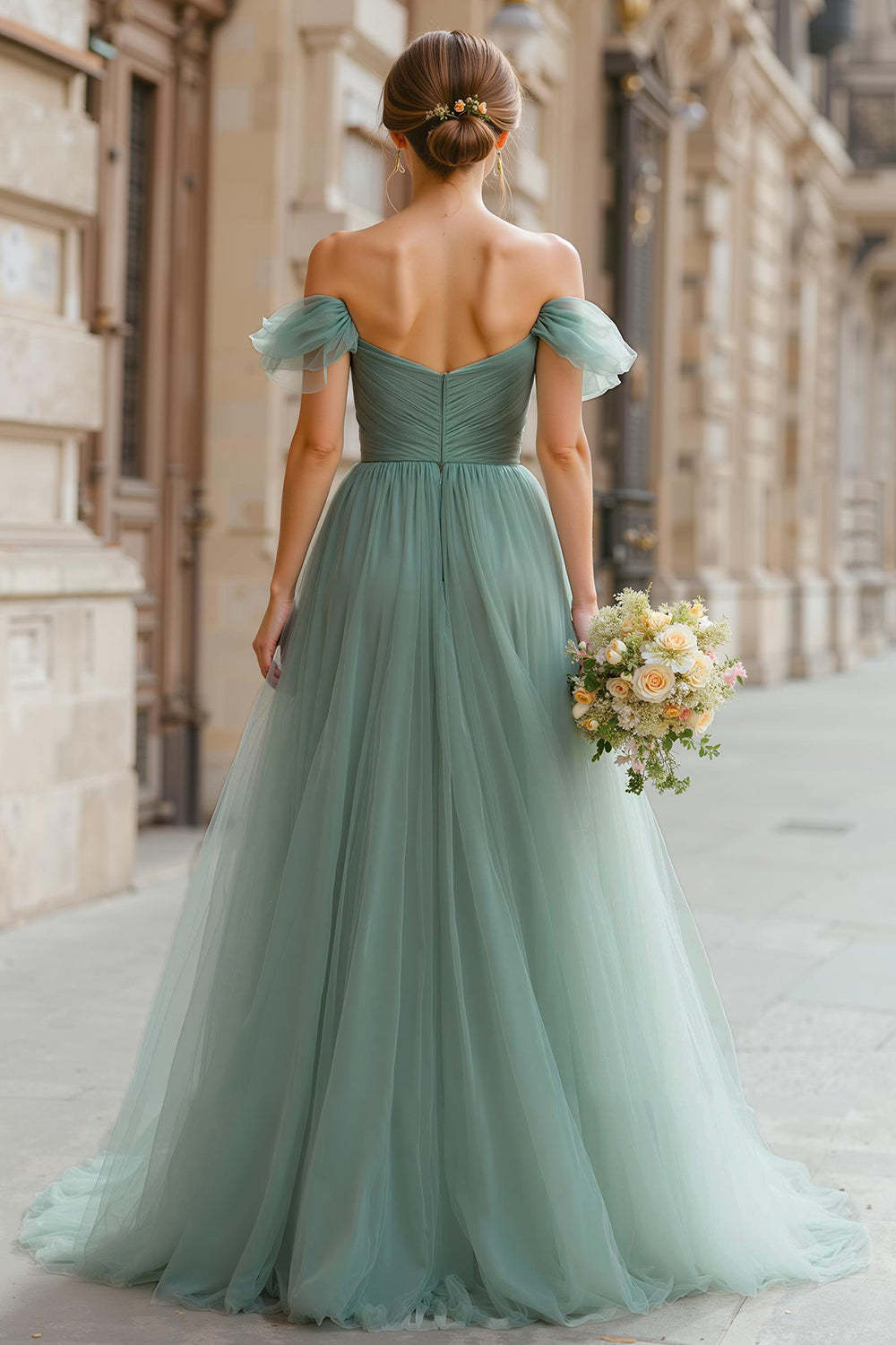 Eucalyptus Green A-Line Tulle Off the Shoulder Maxi Bridesmaid Dress