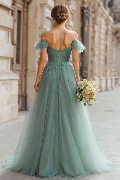 Eucalyptus Green A-Line Tulle Off the Shoulder Maxi Bridesmaid Dress