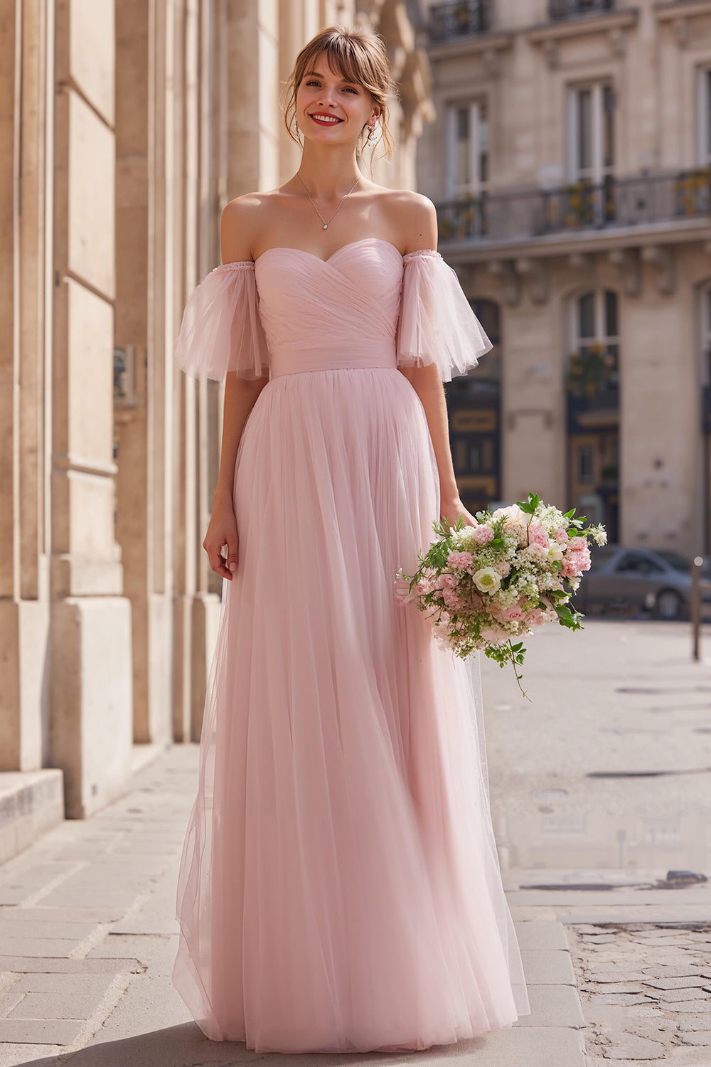 Blush Pink Tulle Off the Shoulder A-Line Long Bridesmaid Dress with Sleeves