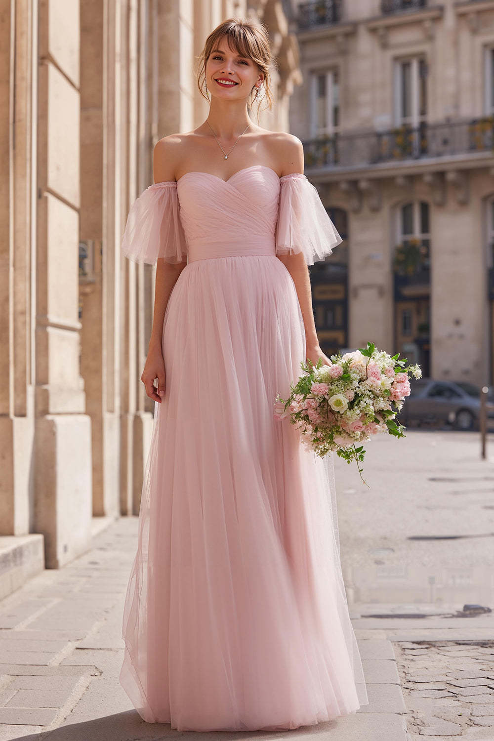 Leely Women Blush Pink Tulle Long Bridesmaid Dress A-Line Off the Shoulder Wedding Guest Dress with Sleeves