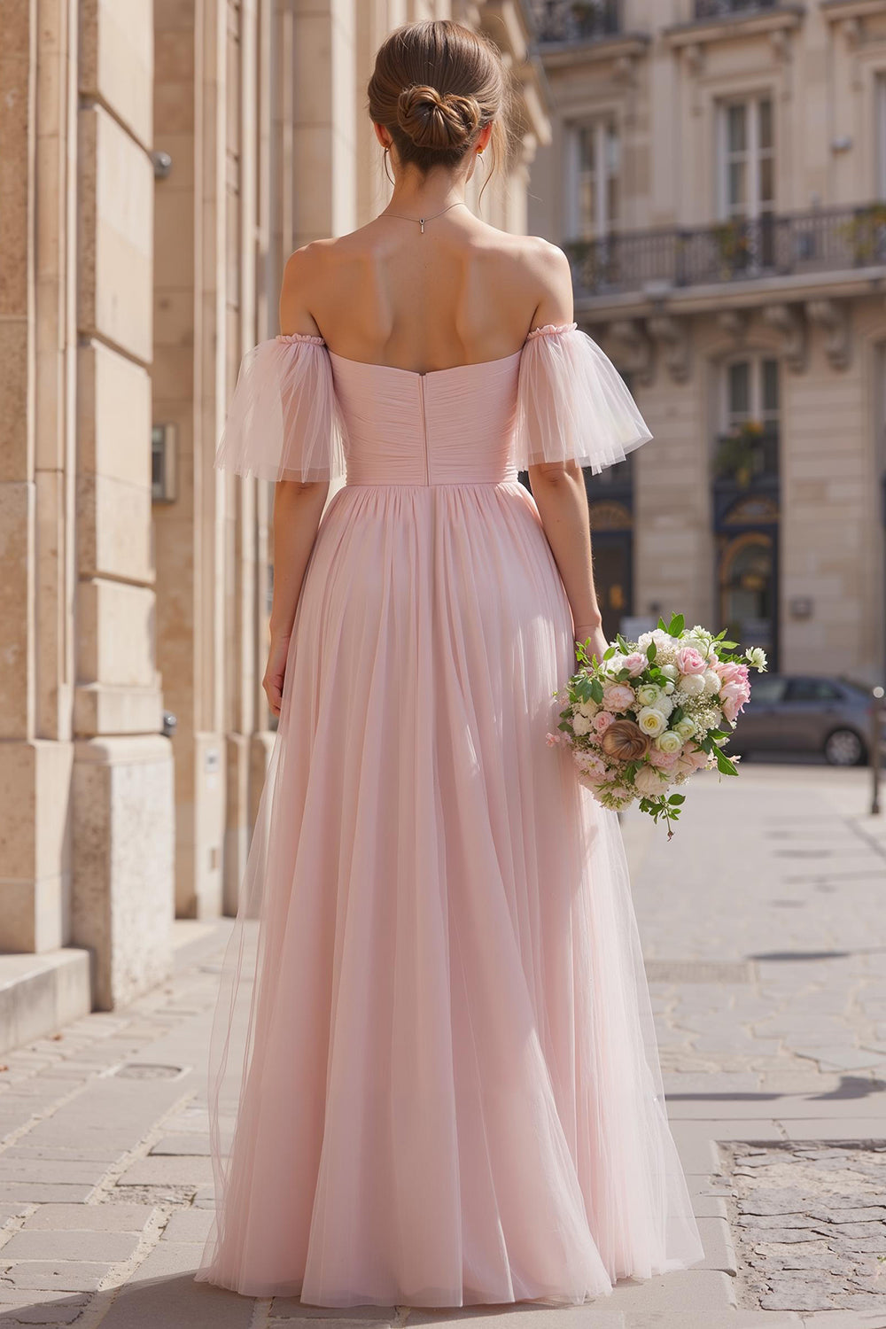 Blush Pink Tulle Off the Shoulder A-Line Long Bridesmaid Dress with Sleeves