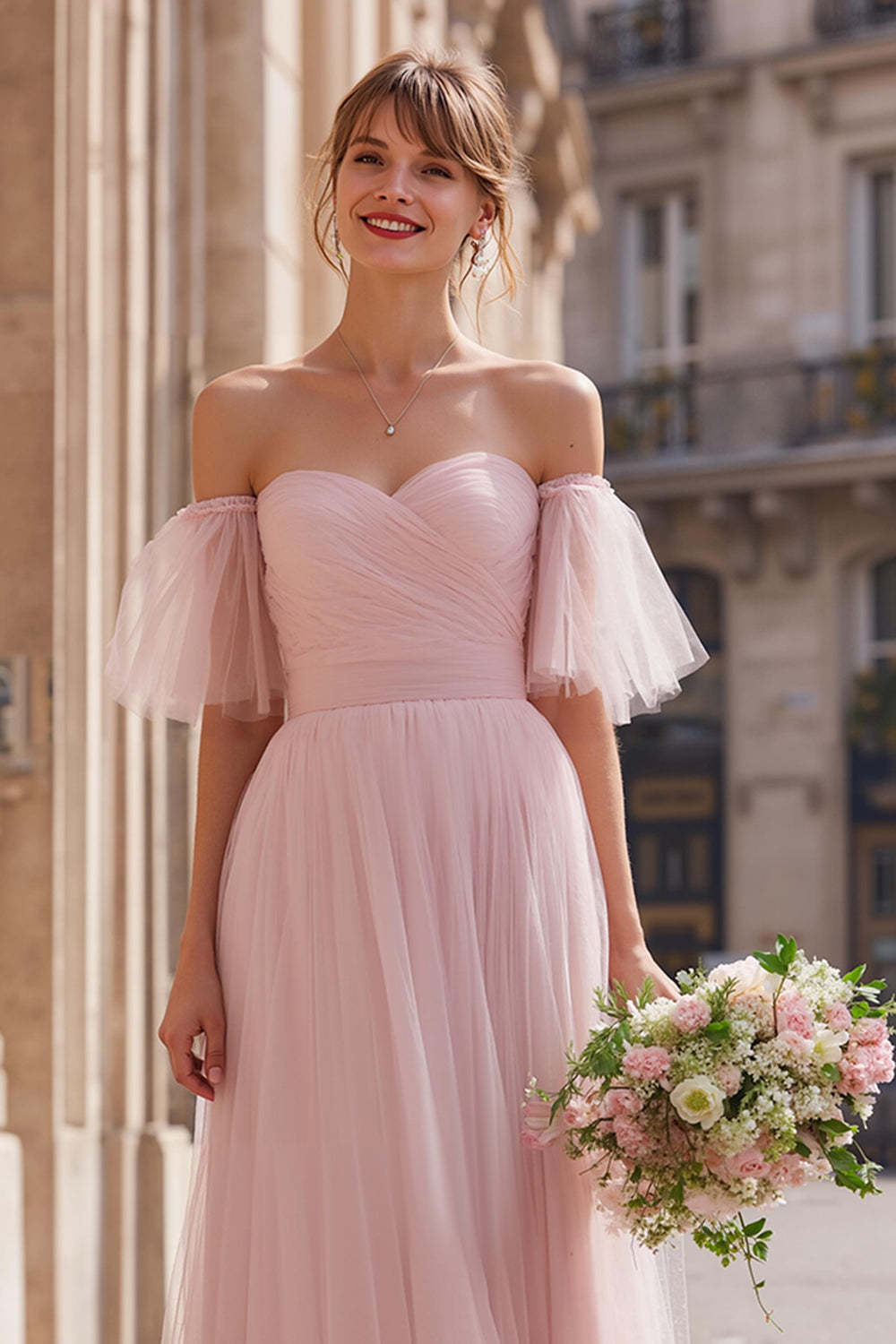 Blush Pink Tulle Off the Shoulder A-Line Long Bridesmaid Dress with Sleeves