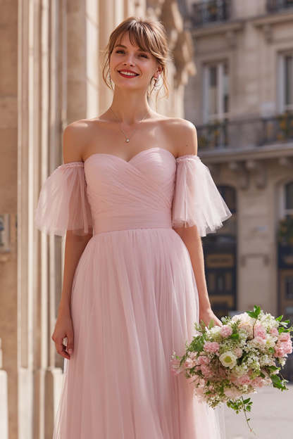 Blush Pink Tulle Off the Shoulder A-Line Long Bridesmaid Dress with Sleeves