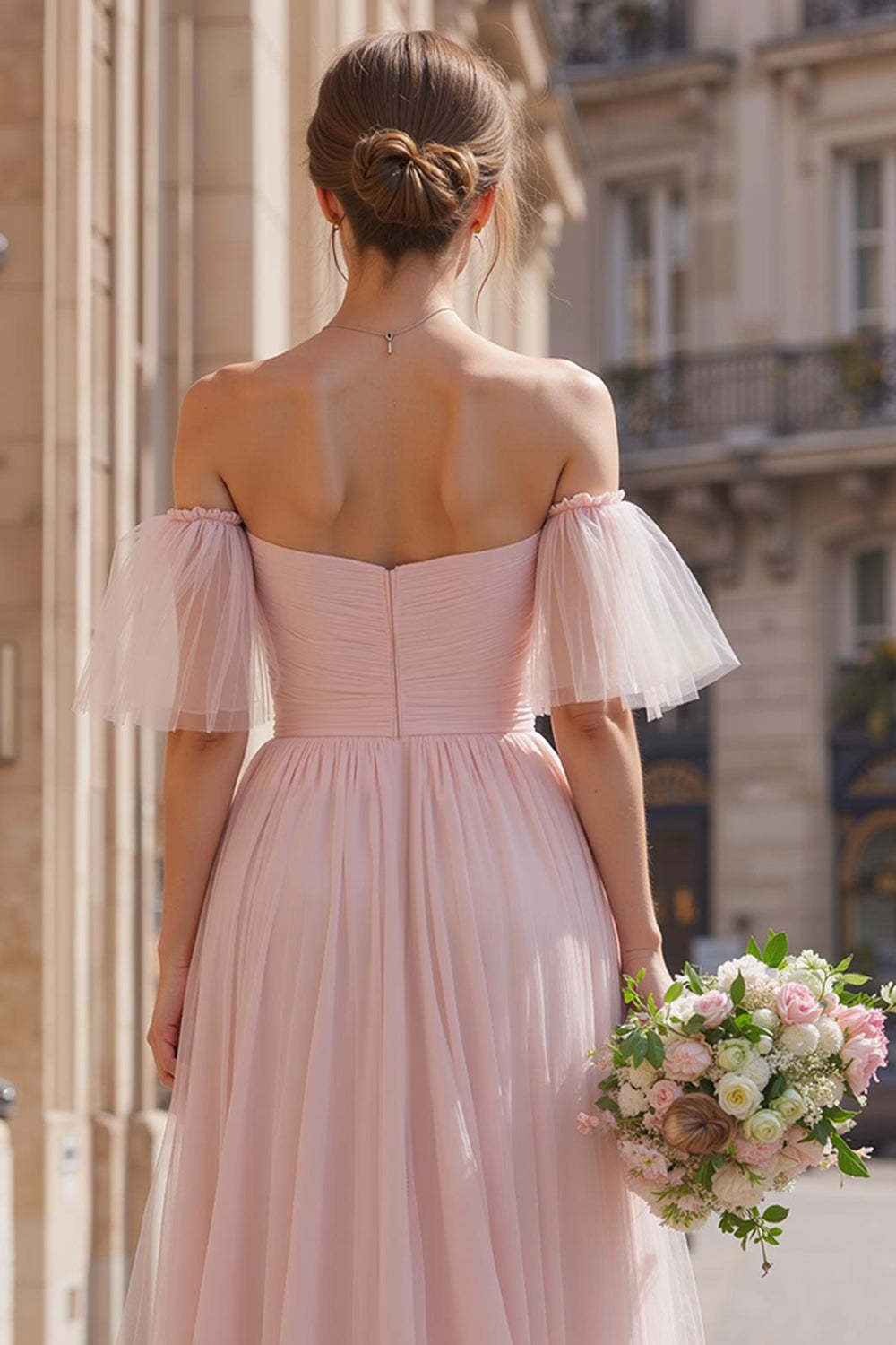 Blush Pink Tulle Off the Shoulder A-Line Long Bridesmaid Dress with Sleeves