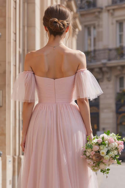 Blush Pink Tulle Off the Shoulder A-Line Long Bridesmaid Dress with Sleeves