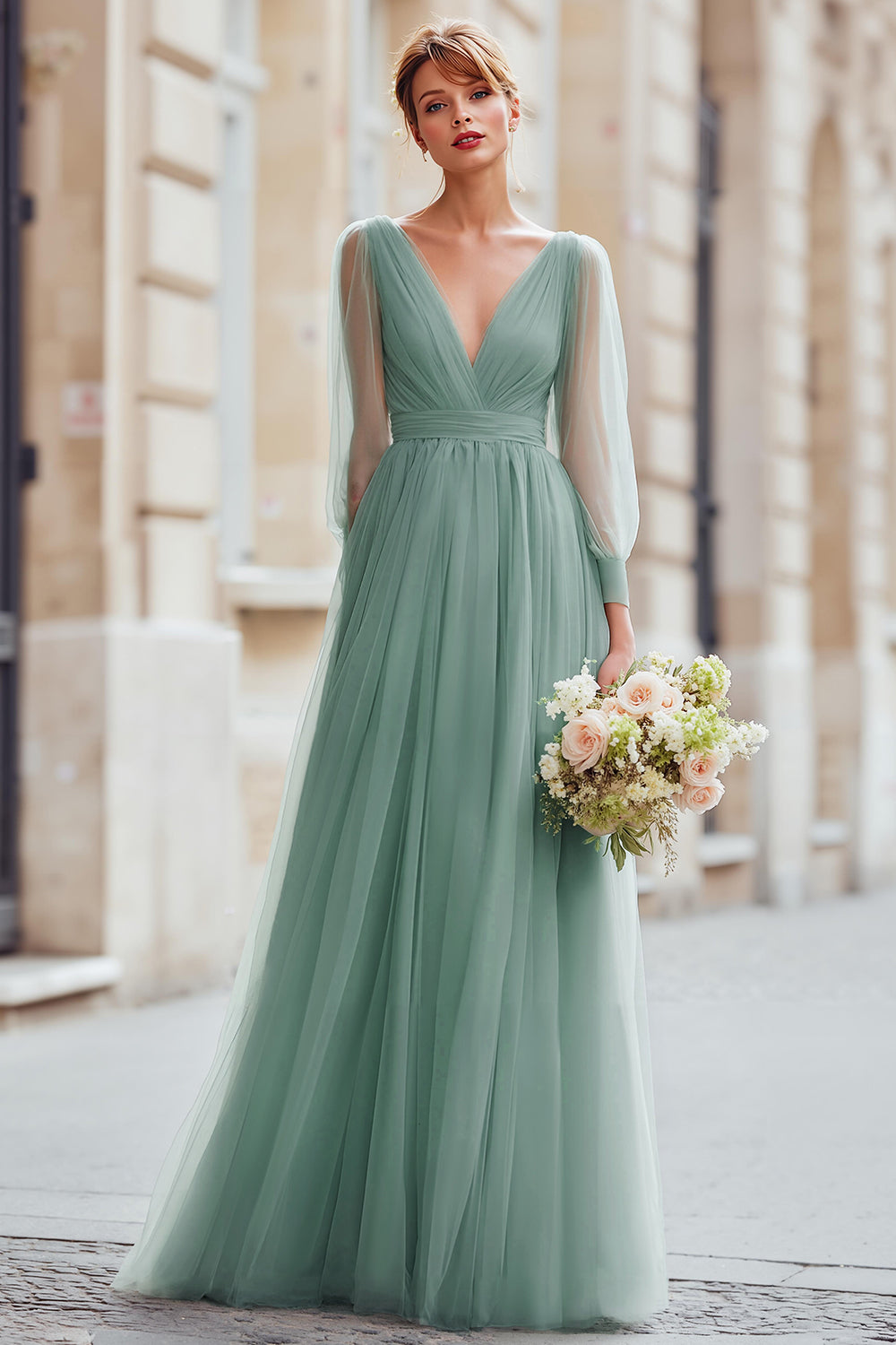 Eucalyptus Green Tulle A-Line V-Neck Maxi Bridesmaid Dress with Sleeves