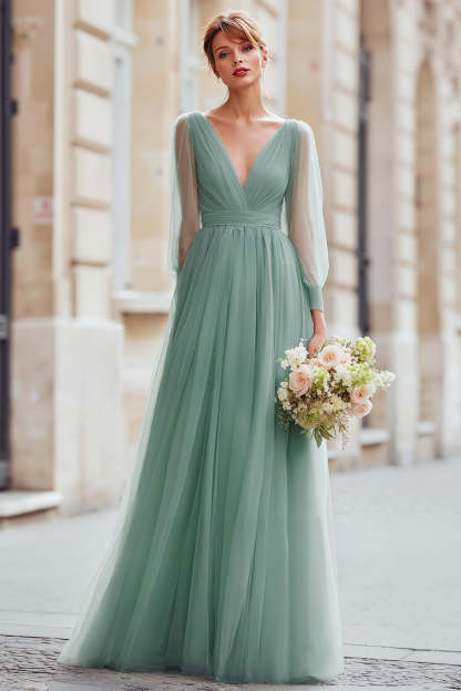Leely Women Eucalyptus Green A-Line Tulle Maxi Bridesmaid Dress V-Neck Long Sleeves Wedding Guest Dress