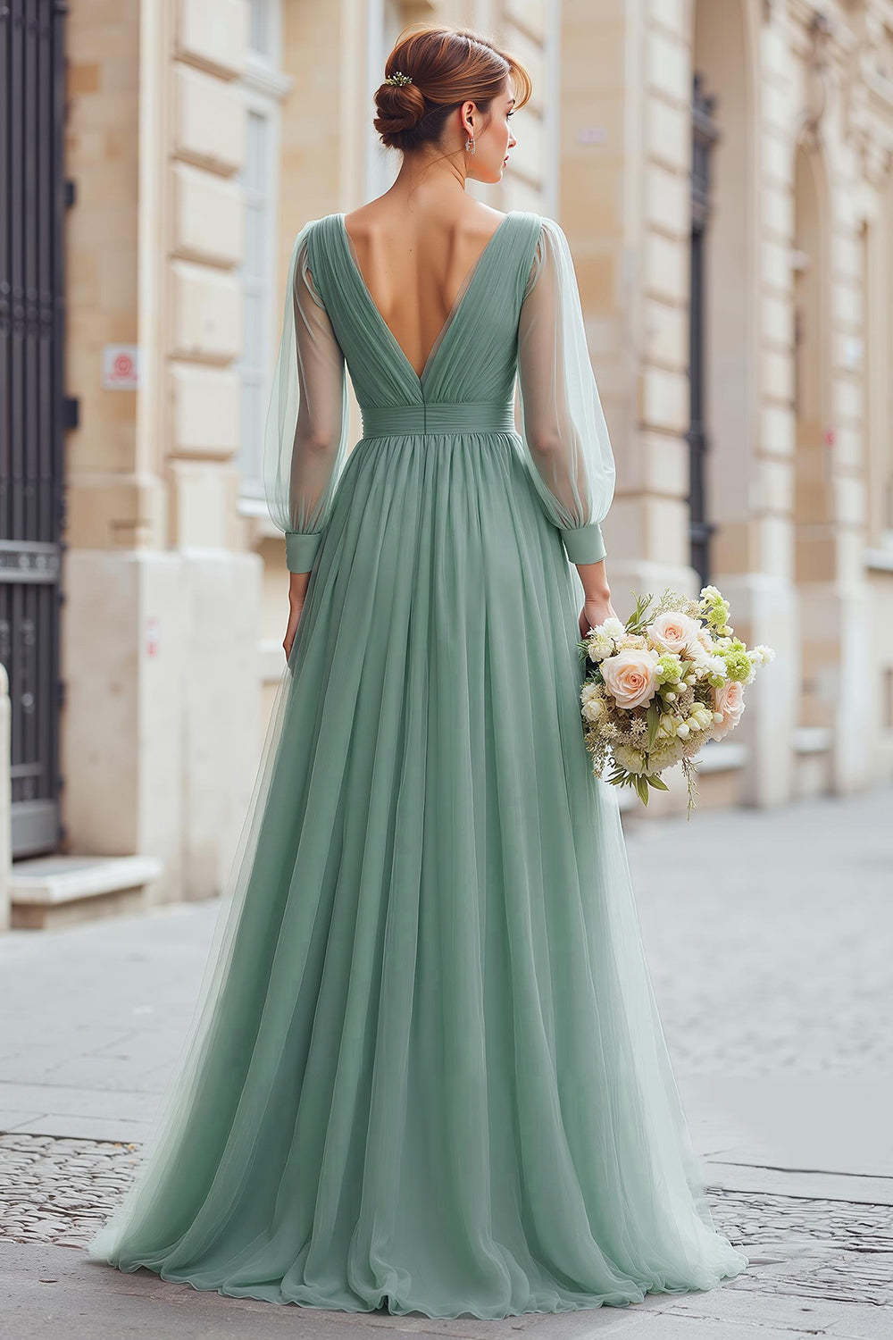 Eucalyptus Green Tulle A-Line V-Neck Maxi Bridesmaid Dress with Sleeves