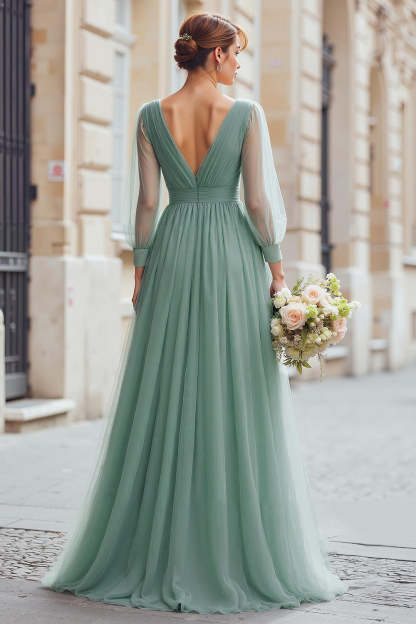 Eucalyptus Green Tulle A-Line V-Neck Maxi Bridesmaid Dress with Sleeves