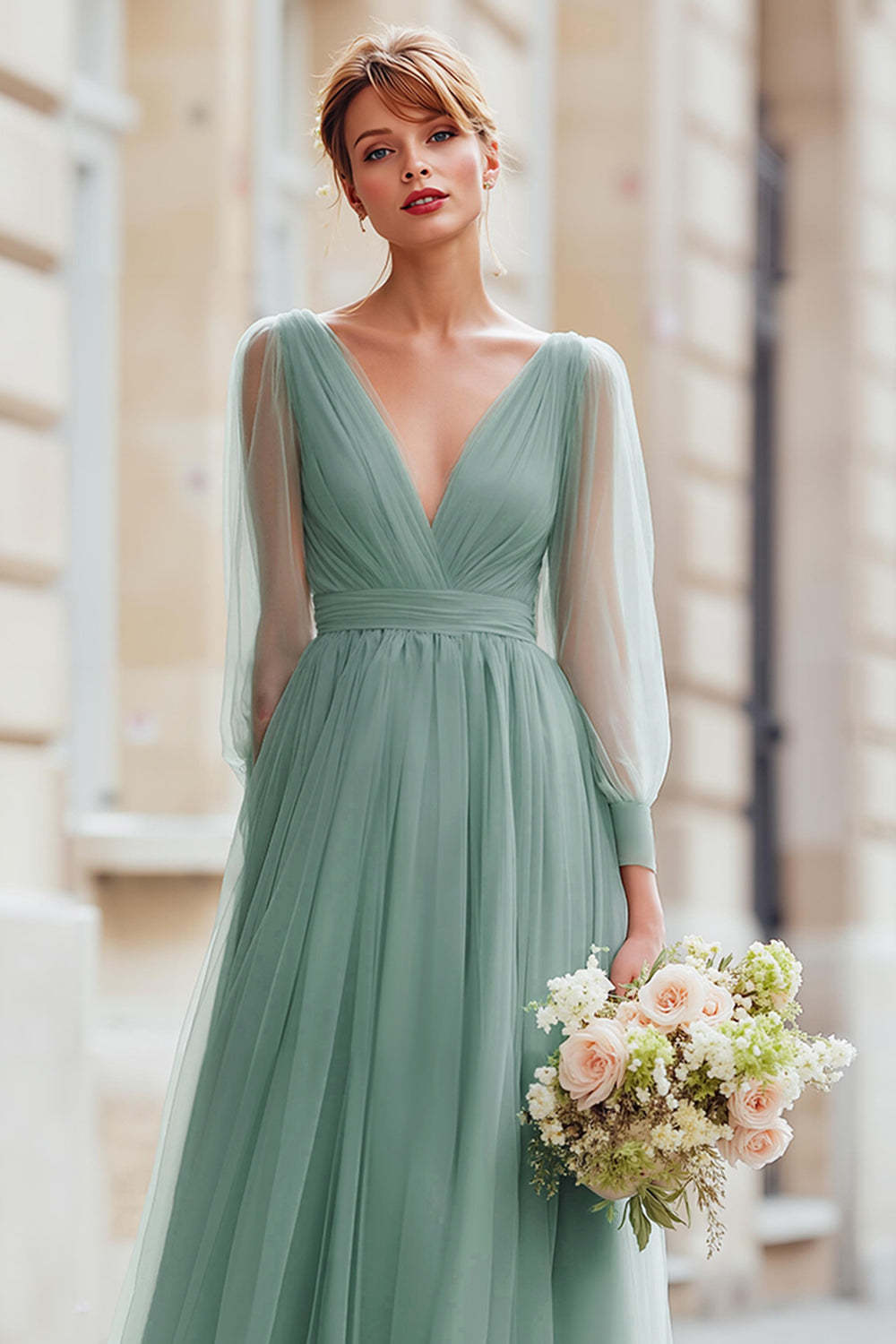 Eucalyptus Green Tulle A-Line V-Neck Maxi Bridesmaid Dress with Sleeves
