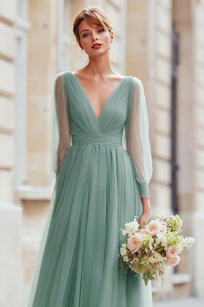 Eucalyptus Green Tulle A-Line V-Neck Maxi Bridesmaid Dress with Sleeves