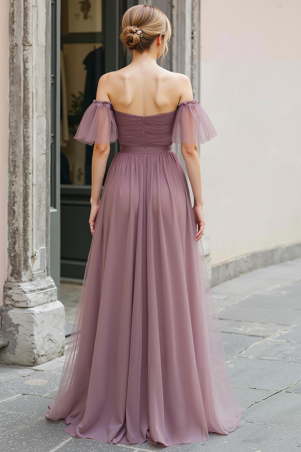 Vintage Mauve Tulle Off the Shoulder A-Line Long Bridesmaid Dress with Sleeves